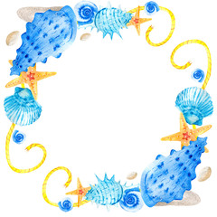 Watercolor frame corners with sea shells and snails on a white background. Marine composition illustration. Clipart for hand-drawn postcard design template