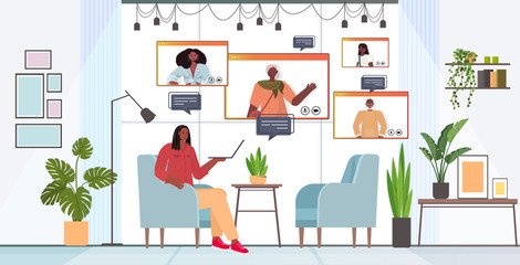 african american woman having virtual meeting with family members in web browser windows during video call online communication concept living room interior horizontal vector illustration