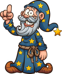 Happy cartoon wizard holding a finger up. Vector clip art illustration. All on a single layer.