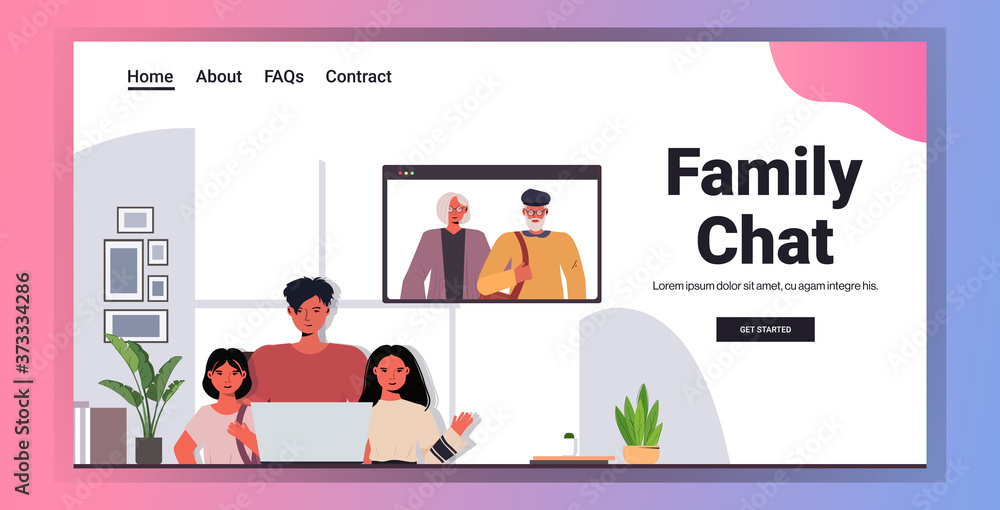 Poster father and children having virtual meeting with grandparents in web browser window during video call