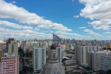 Cityscape scene of Sao Paulo state flag scene: urban city life scene. Cityscape view. State flag of Sao Paulo city, Brazil. Sao Paulo state flag view. Great cityscape. Townscape view.