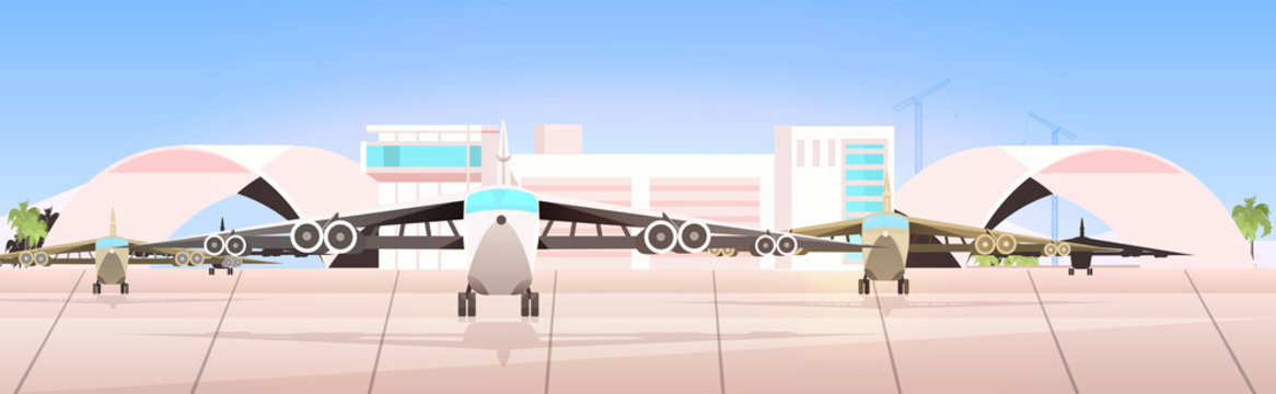 airport terminal with airplanes waiting for take off horizontal vector illustration