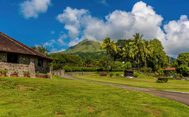 Fototapeta na wymiar A view across a park in the foothills of the volcano, Mount Pelee in Martinique
