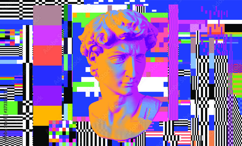 Poster cyberpunk-style collage with plaster 3d head and pixel artifacts. vaporwave and retrowave aesthetics