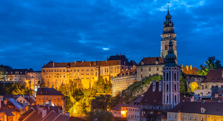 Fototapeta na wymiar Cesky Krumlov by night. View of castle and old town houses, Czech Republic. UNESCO World Heritage Site
