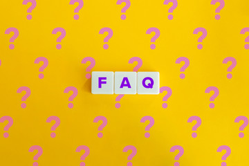 Frequently Asked Questions (FAQ) on block letters and bright orange background with the question mark pattern. Minimal aesthetics.