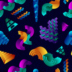 Fototapeta na wymiar 80s Memphis Style Seamless Pattern with Colourful 3D Shapes and Turing Pattern