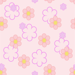 Seamless pattern spring and summer flowers. Pink and red flowers on a light red background. Vector illustration.