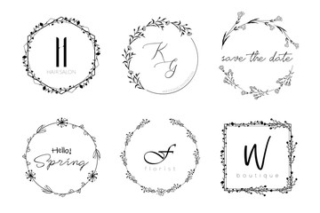 Floral wreath minimal design for wedding invitation or brand logo. Vector template with flourishes ornament elements.