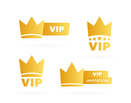 VIP badges with golden crown label. Logo set. Modern vector illustration