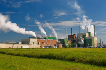 Fototapeta na wymiar Steam rising from the Fraser Pulp Operation in Thurso Quebec Canada in the morning