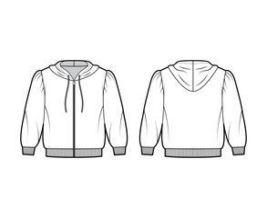 Zip-up cropped cotton-jersey hoodie technical fashion illustration with puffed shoulders, elbow sleeves, ribbed trims. Flat jumper template front back white color. Women men unisex sweatshirt top