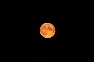 Bright red orange full moon rising up on dark night sky. Mystic nighttime black sky with large moon, dark tranquility