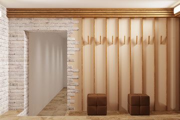 Interior of a beige hall with a doorway with brickwork trim, with two poufs next to a wooden hanger, with a stone floor. Front view. 3d render