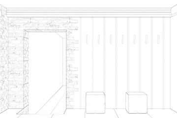 Sketch of the hall with a doorway with brickwork trim, with two poufs next to a hanger, with a tiled floor. Front view. 3d render