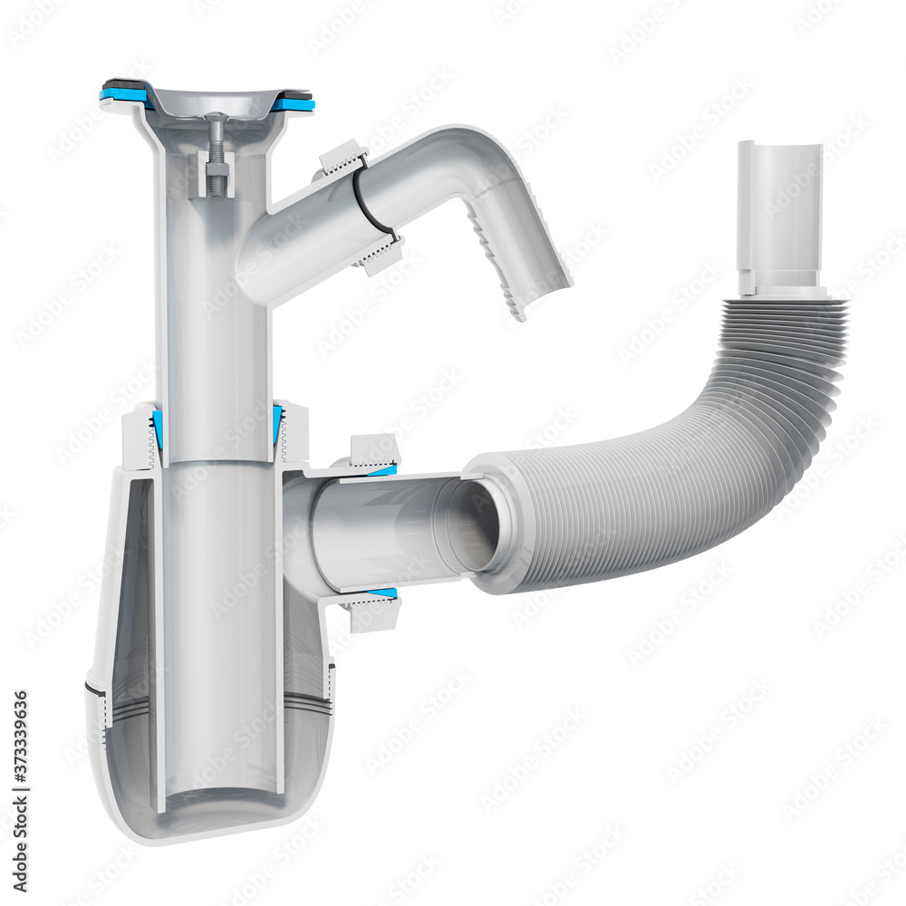 Poster cross-section of siphon for sink, 3d rendering