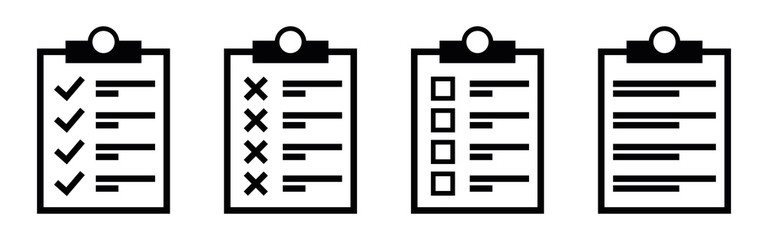 Clipboard icon set. Checklist sign symbol for web site and app. Clipboard or document with checkmark cross and text. Clipboard vector icons.