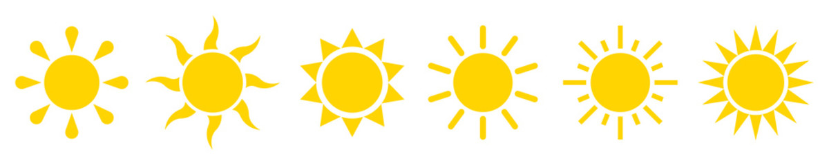Sun icons vector set. Shine sun ray isolated on white background. Sunshine sign. Sunset icon collection.