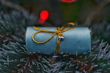On the branches is a wrapped gift box with a colored ribbon as a gift for Christmas, New year, mother's Day, anniversary, birthday, party. The concept of the celebration.