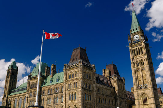 Ottawa Parliament Buildings Center Block with Peace Tower and Canadian flag
