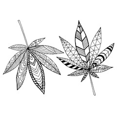 Black and white abstract doodle style psychedelic leaves marijuana coloring page, isolated on white background.