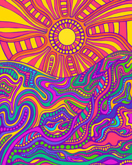 Retro hippie style psychedelic landscape with sun and mountains. - obrazy, fototapety, plakaty