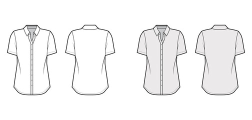 Classic shirt technical fashion illustration with short sleeves, relax fit, front button-fastening, regular collar. Flat apparel template front, back white, grey color. Women men unisex top CAD mockup