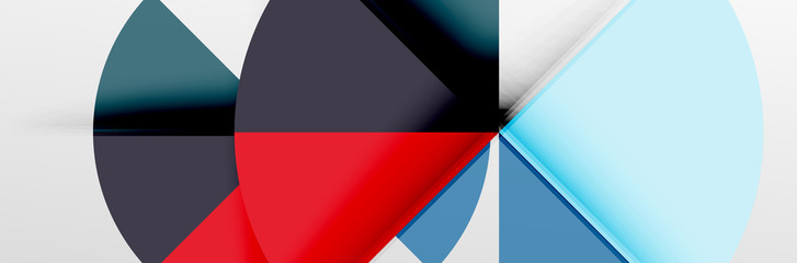 Bright color circles, abstract round shapes and triangles composition with shadow effects. Vector modern geometric design template