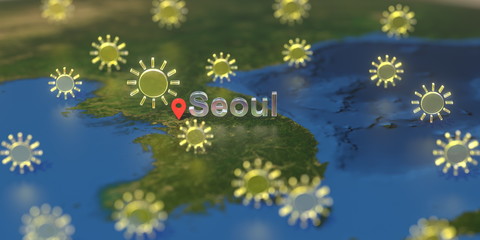 Sunny weather icons near Seoul city on the map, weather forecast related 3D rendering