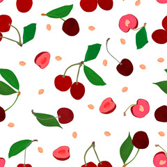 Cherry vector. Repeating cute fruits. Timeless background. Trendy summer background. Vector bright print for fabric or wallpaper.