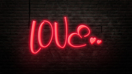love sign emblem in neon style on brick wall background