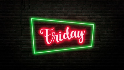 Obraz premium Friday sign emblem in neon style on brick wall background