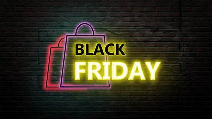 Black firday sign emblem in neon style on brick wall background