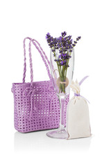 Aromatic collection: lavender flower in a glass, aroma bag with lavender flowers, bag