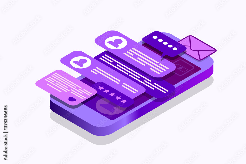 Poster isometric concept with mobile phone and chat. chatting sending and receiving messages and sms. onlin