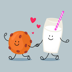 Cheerful glass of milk and traditional cookies. Vector illustration in cartoon flat style.