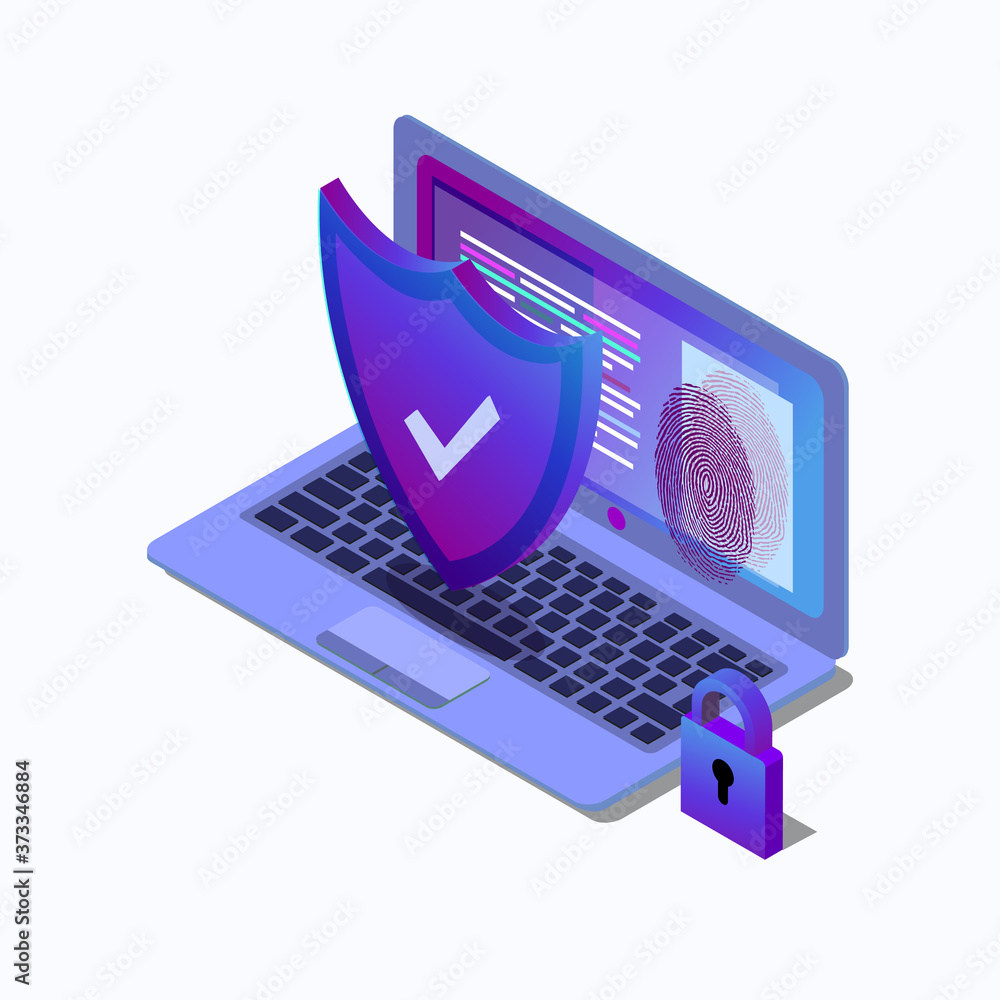 Aufkleber cybersecurity isometric icon, data security concept, protected computer network, shield with laptop,