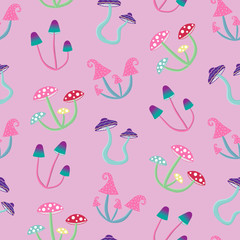 magic colourful psychedelic mushroom on a pink background seamless pattern hippie psilocybin retro vector. - 373346815
