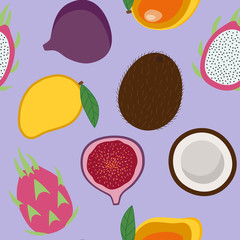sweet whole coconut, mango, fig fruit and dragon fruit tropical summer exotic fruit pitaya pattern on a purple background seamless vector - 373346830