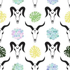 goat skulls with succulent and green and yellow monstera plant on a white background seamless pattern demon satan vector - 373346838