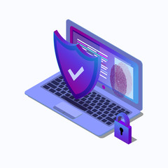 Cybersecurity isometric icon, data security concept, protected computer network, shield with laptop, safety cloud computing, data processing system, vector EPS