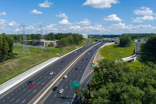 Aerial view of Interstate 270 at the Watkins Mill Road interchange in Gaithersburg, Montgomery County, Maryland.