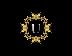 Callygraphic Badge U Letter Logo. Luxury Gold vintage emblem with beautiful classy floral ornament. Vintage Frame design Vector illustration.