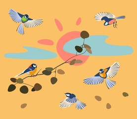 Fototapeta premium Abstract vector illustration. Horizontal card with five birds on a branch. Orange Background. Autumn leaves background.