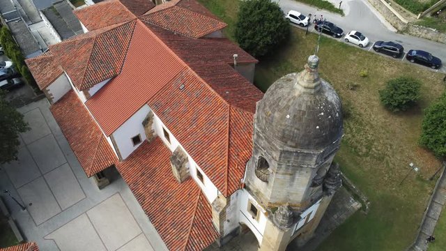 Church in Lastres, beautiful coastal village in Asturias,Spain. Aerial Drone Footage