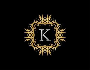 Callygraphic Badge K Letter Logo. Luxury Gold vintage emblem with beautiful classy floral ornament. Vintage Frame design Vector illustration.