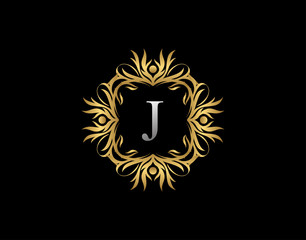 Callygraphic Badge J Letter Logo. Luxury Gold vintage emblem with beautiful classy floral ornament. Vintage Frame design Vector illustration.