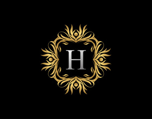 Callygraphic Badge H Letter Logo. Luxury Gold vintage emblem with beautiful classy floral ornament. Vintage Frame design Vector illustration.