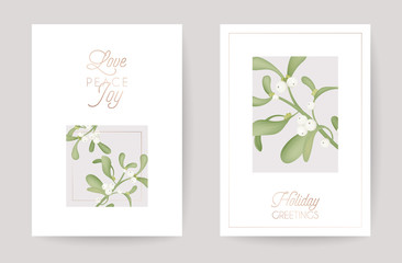 Winter Christmas Floral Mistletoe Greeting Card. Retro Background, Design Template for Holiday Season Celebration with Rose Gold Decoration New Year brochure in vector
