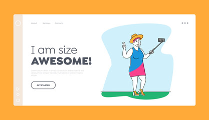 Plus Size Female Making Selfie Landing Page Template. Fatty Woman Shooting Photo Happily Smiling, Posing and Gesturing